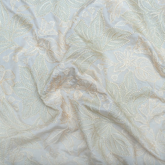 Beige natural coloured pure silk leafy embroidered fabric (RT-1390)