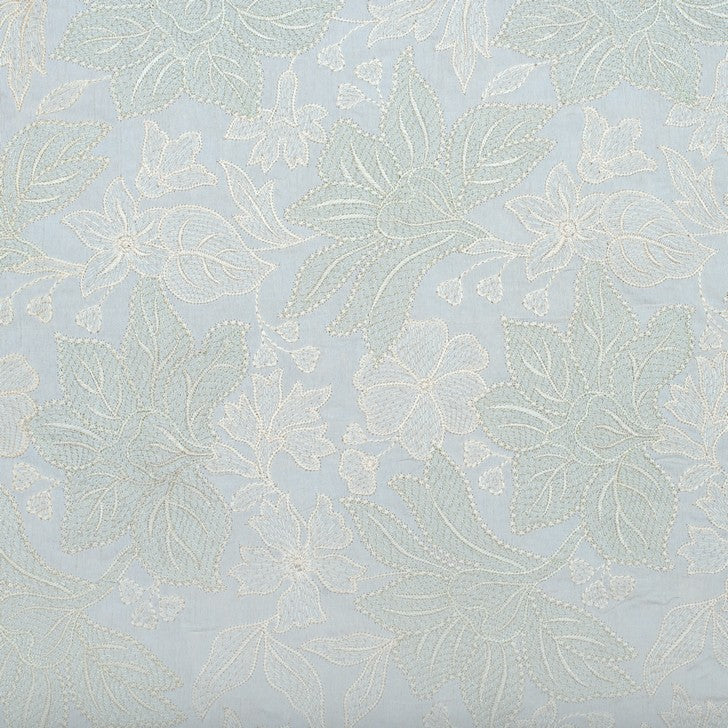 Beige natural coloured pure silk leafy embroidered fabric (RT-1390)