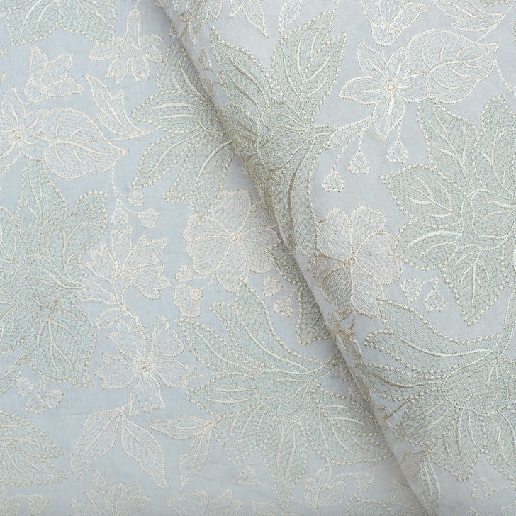 Beige natural coloured pure silk leafy embroidered fabric (RT-1390)