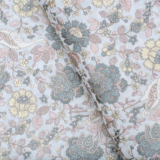 Light beige pure silk embroidered jungle motifs fabric (RT-1376)