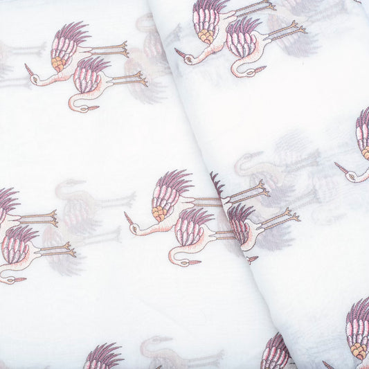Light cream pure chanderi embroidered swan motifs fabric (RT-1378)
