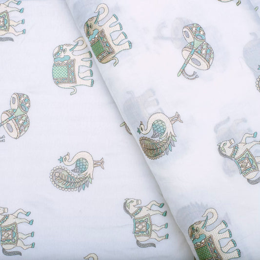 Light cream pure silk embroidered rajasthani motifs fabric (RT-1372)