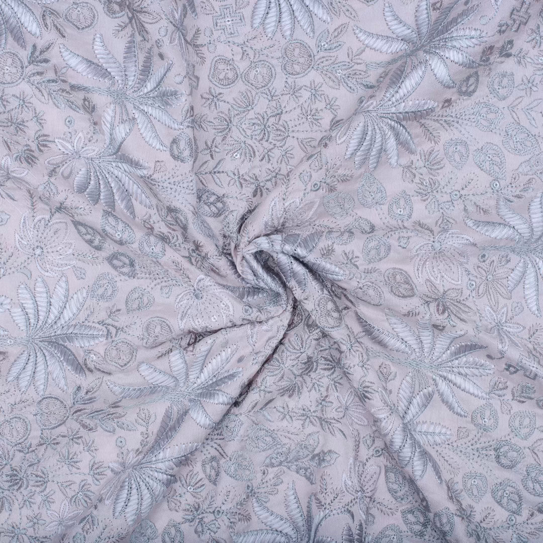 Light peach pure silk jungle embroidered fabric (RT-1371)