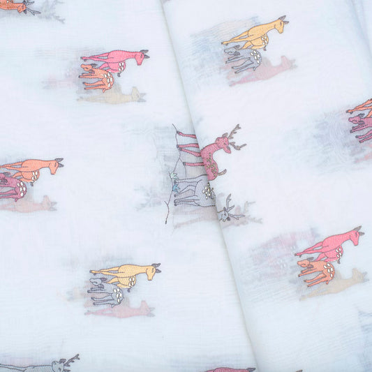 Off white pure chanderi embroidered deer motifs fabric (RT-1375)