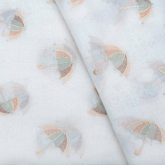 Off white pure chanderi embroidered umbrella motifs fabric (RT-1374)