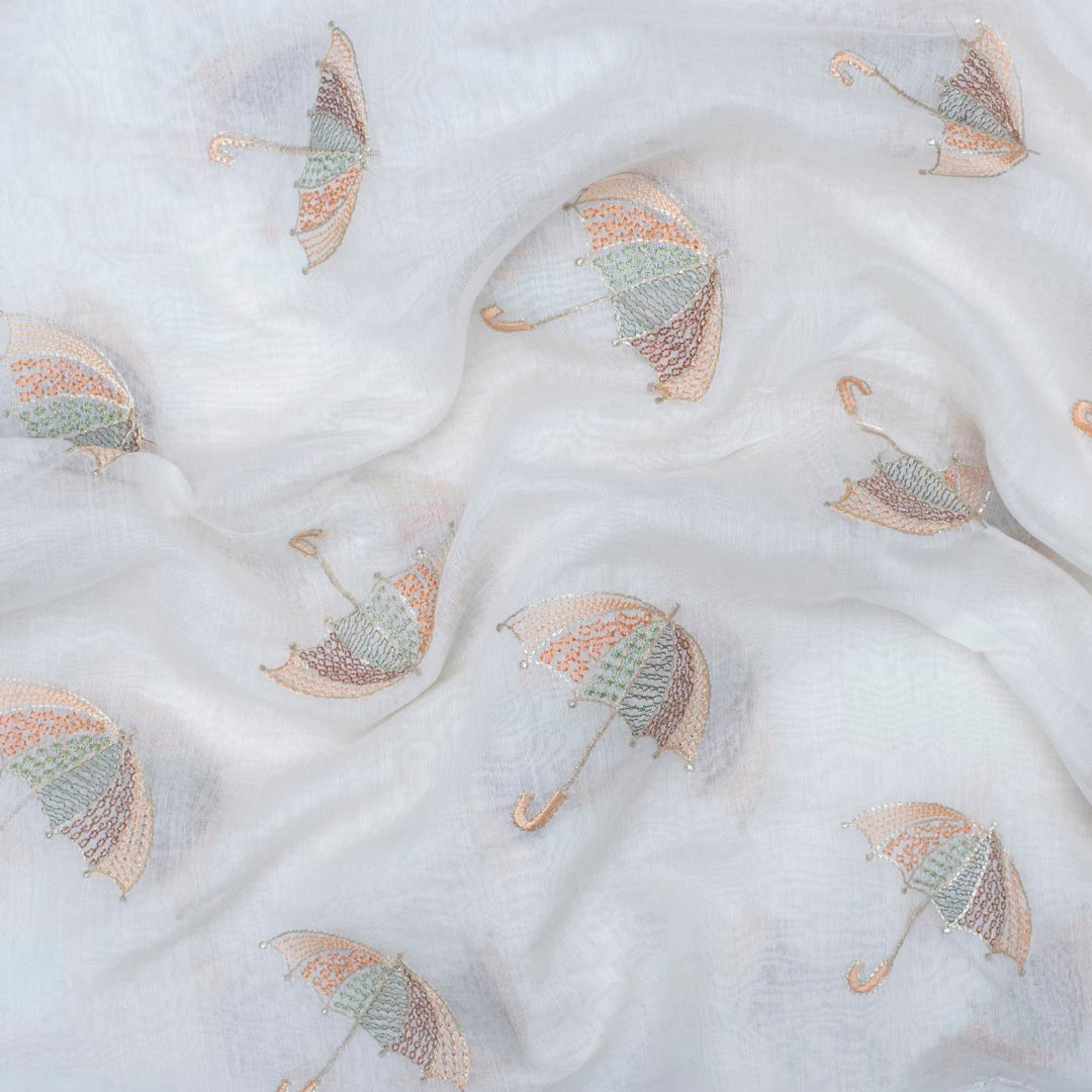 Off white pure chanderi embroidered umbrella motifs fabric (RT-1374)