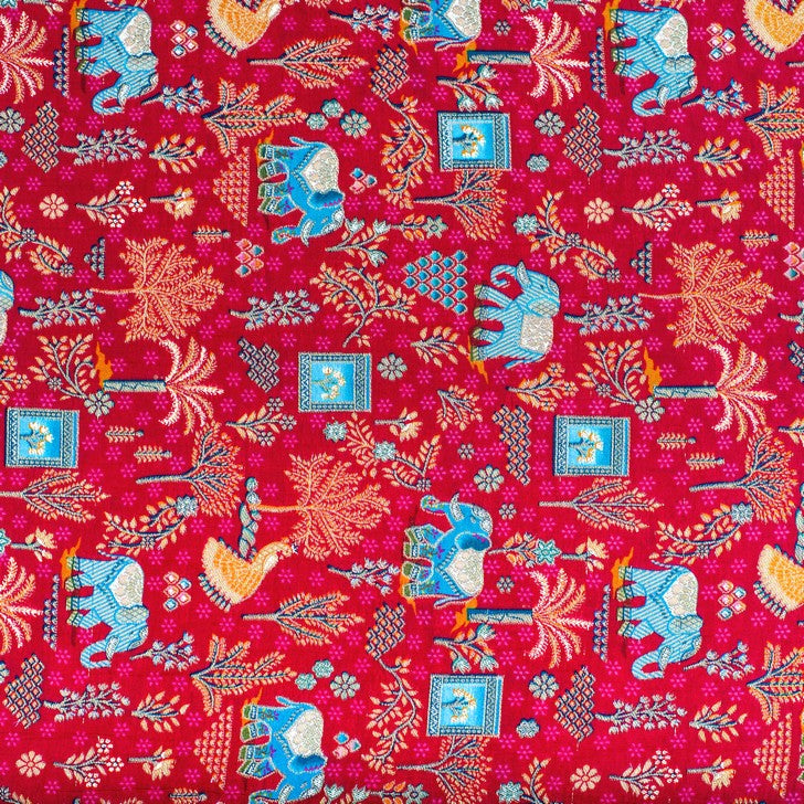 Pink rajasthani elephant print pure silk fabric (RT-1383)