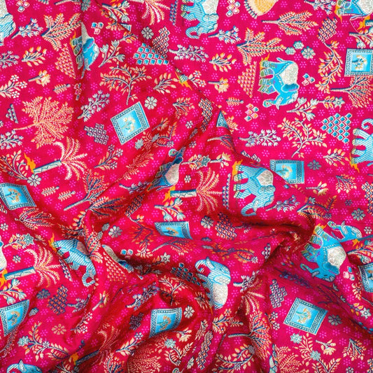 Pink rajasthani elephant print pure silk fabric (RT-1383)