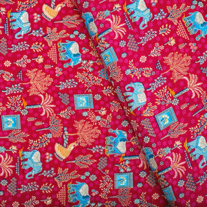 Pink rajasthani elephant print pure silk fabric (RT-1383)