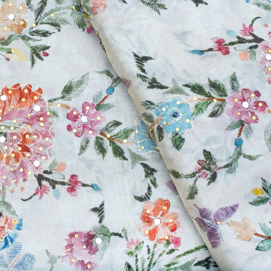 White and multicoloured flowery embroidered fabric (RT-1387)