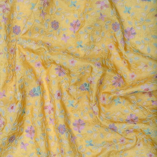 Yellow flowery print pure silk embroidered fabric (RT-1381)