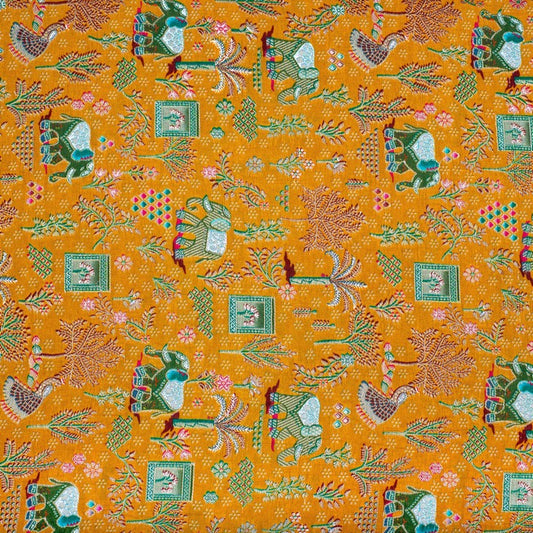 Yellow rajasthani elephant print pure silk fabric (RT-1382)