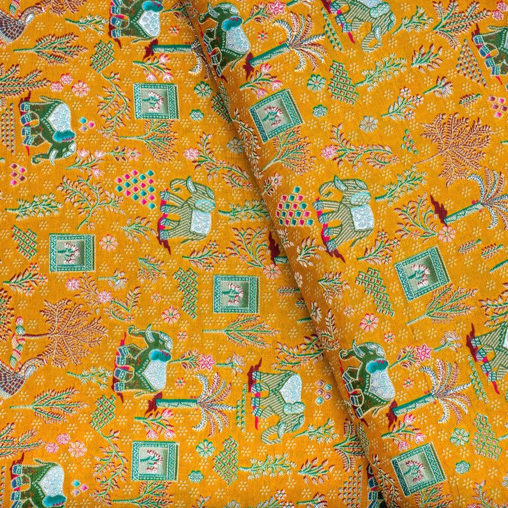 Yellow rajasthani elephant print pure silk fabric (RT-1382)
