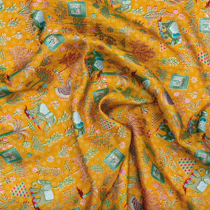 Yellow rajasthani elephant print pure silk fabric (RT-1382)