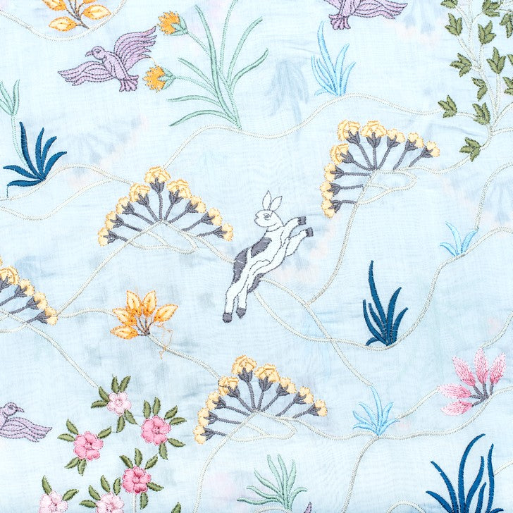 White and multicoloured jungle theme pure silk embroidered fabric (RT-1385)