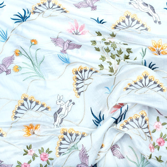 White and multicoloured jungle theme pure silk embroidered fabric (RT-1385)