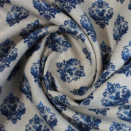 Beige & navy motif print linen (RT-1215)