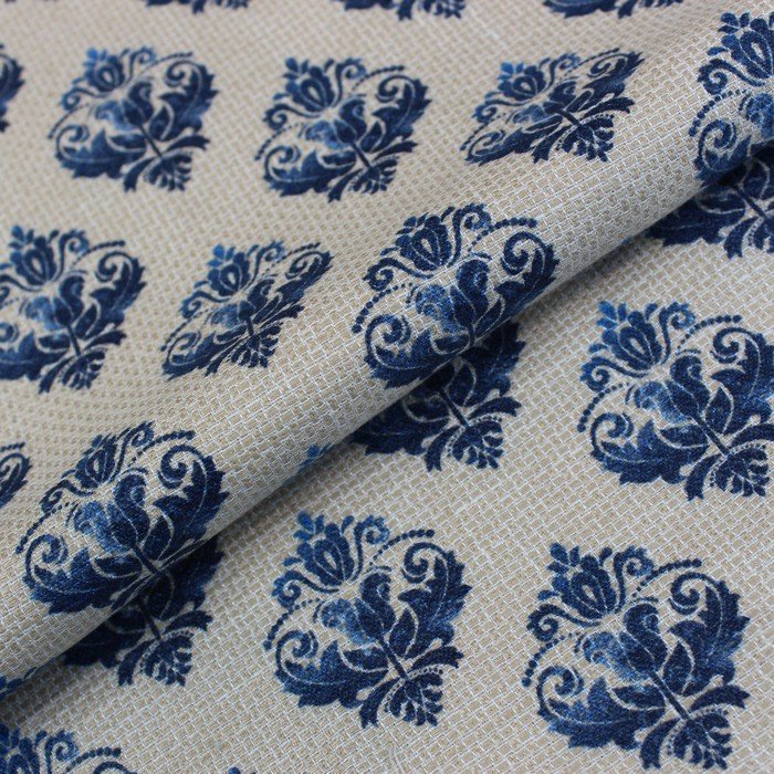 Beige & navy motif print linen (RT-1215)