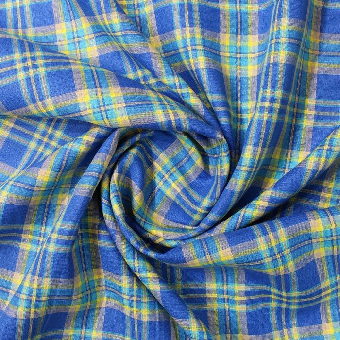 Blue, grey & yellow prominent check linen (RT-1119)