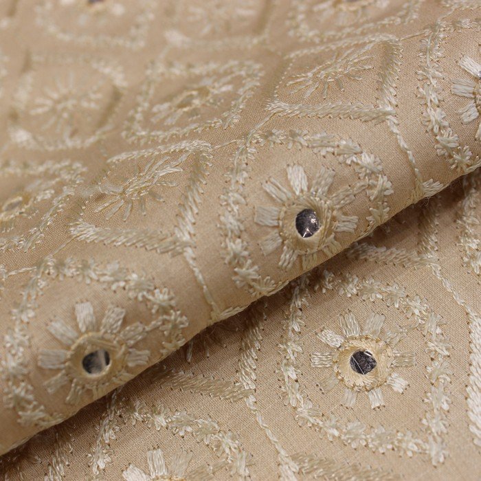 Light almond coloured embroidered mirror work fabric (RT-1250)