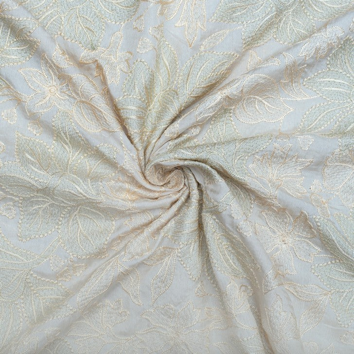 Beige natural coloured pure silk leafy embroidered fabric (RT-1390)