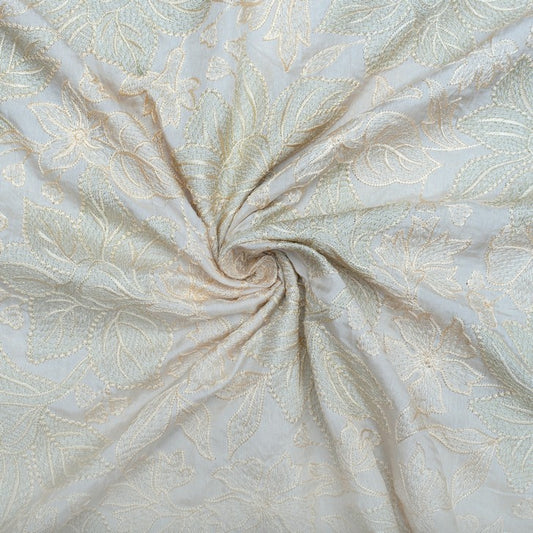 Beige natural coloured pure silk leafy embroidered fabric (RT-1390)
