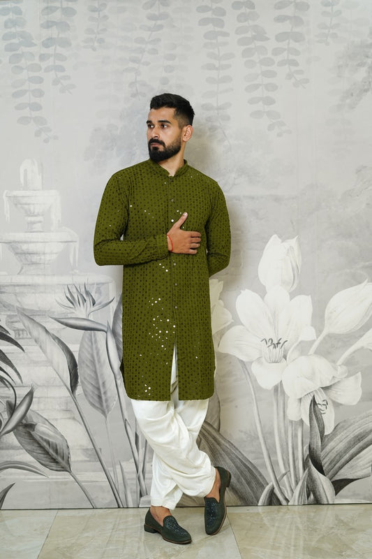 Front open chikankari green kurta in sequins work (SKU-5407)