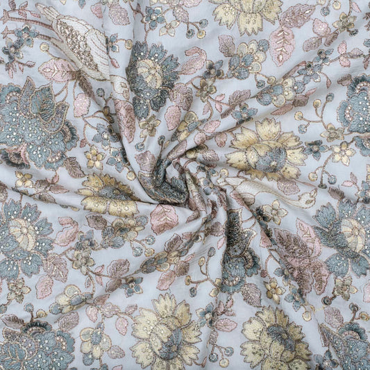 Light beige pure silk embroidered jungle motifs fabric (RT-1376)