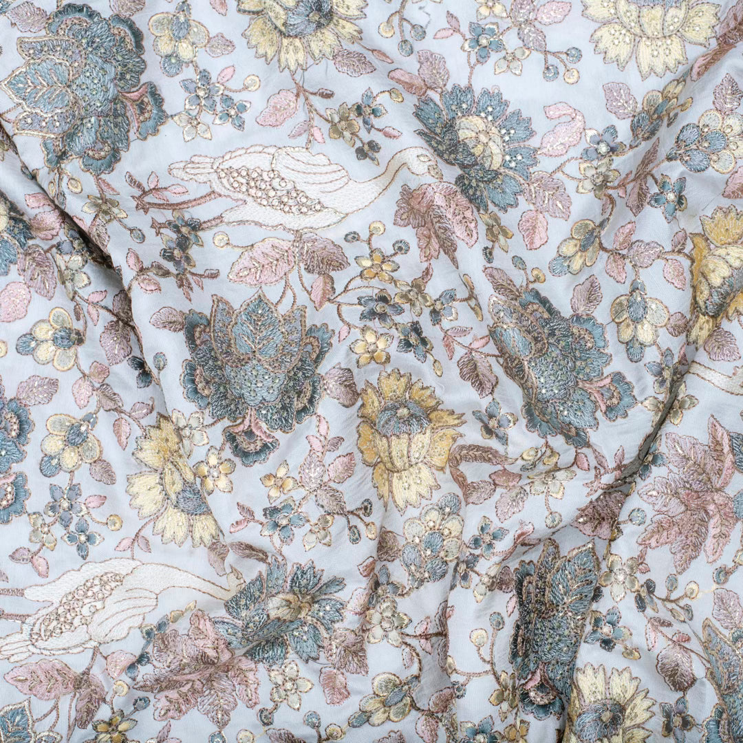 Light beige pure silk embroidered jungle motifs fabric (RT-1376)