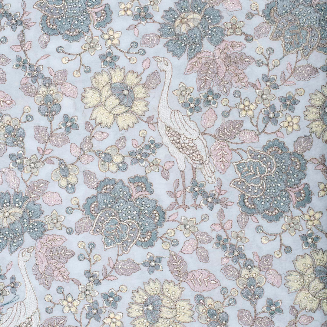 Light beige pure silk embroidered jungle motifs fabric (RT-1376)