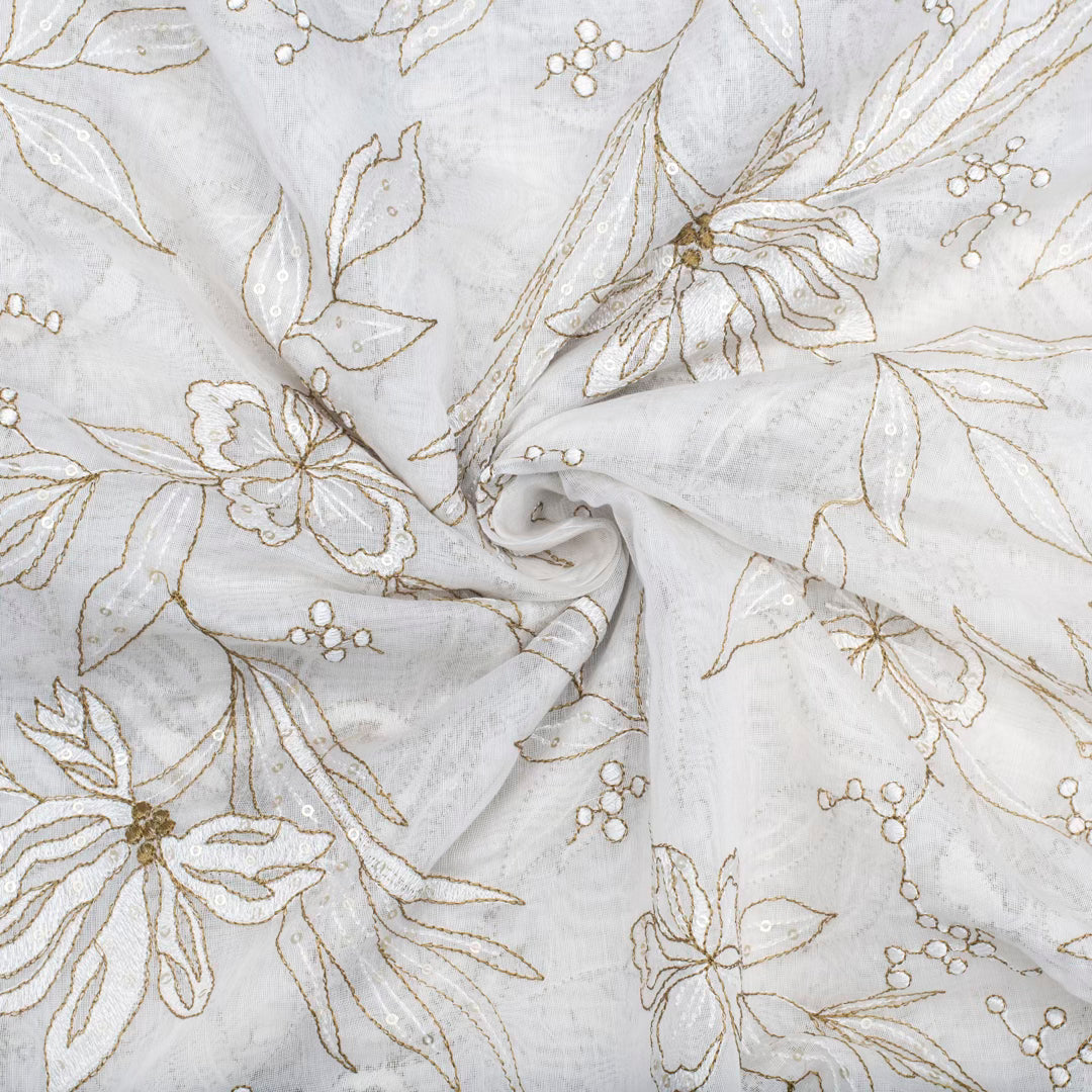 Light cream pure chanderi embroidered flowery motifs fabric (RT-1377)