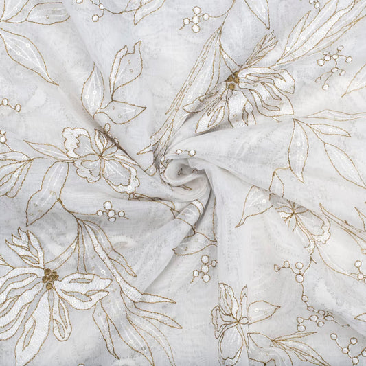 Light cream pure chanderi embroidered flowery motifs fabric (RT-1377)