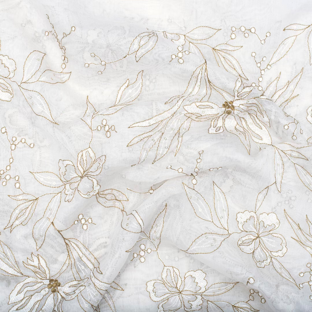 Light cream pure chanderi embroidered flowery motifs fabric (RT-1377)