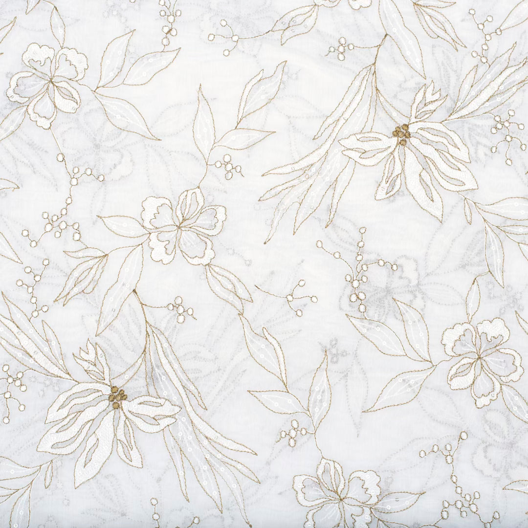 Light cream pure chanderi embroidered flowery motifs fabric (RT-1377)