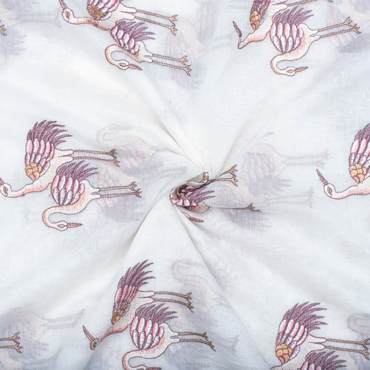 Light cream pure chanderi embroidered swan motifs fabric (RT-1378)