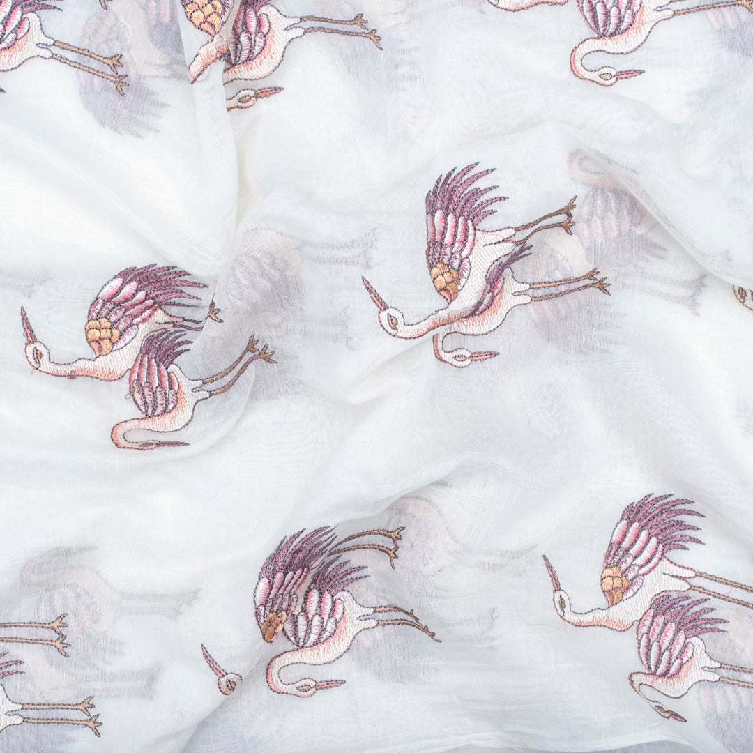 Light cream pure chanderi embroidered swan motifs fabric (RT-1378)