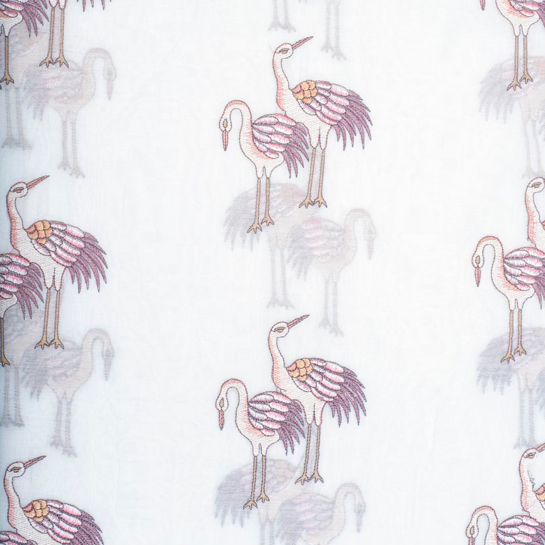 Light cream pure chanderi embroidered swan motifs fabric (RT-1378)