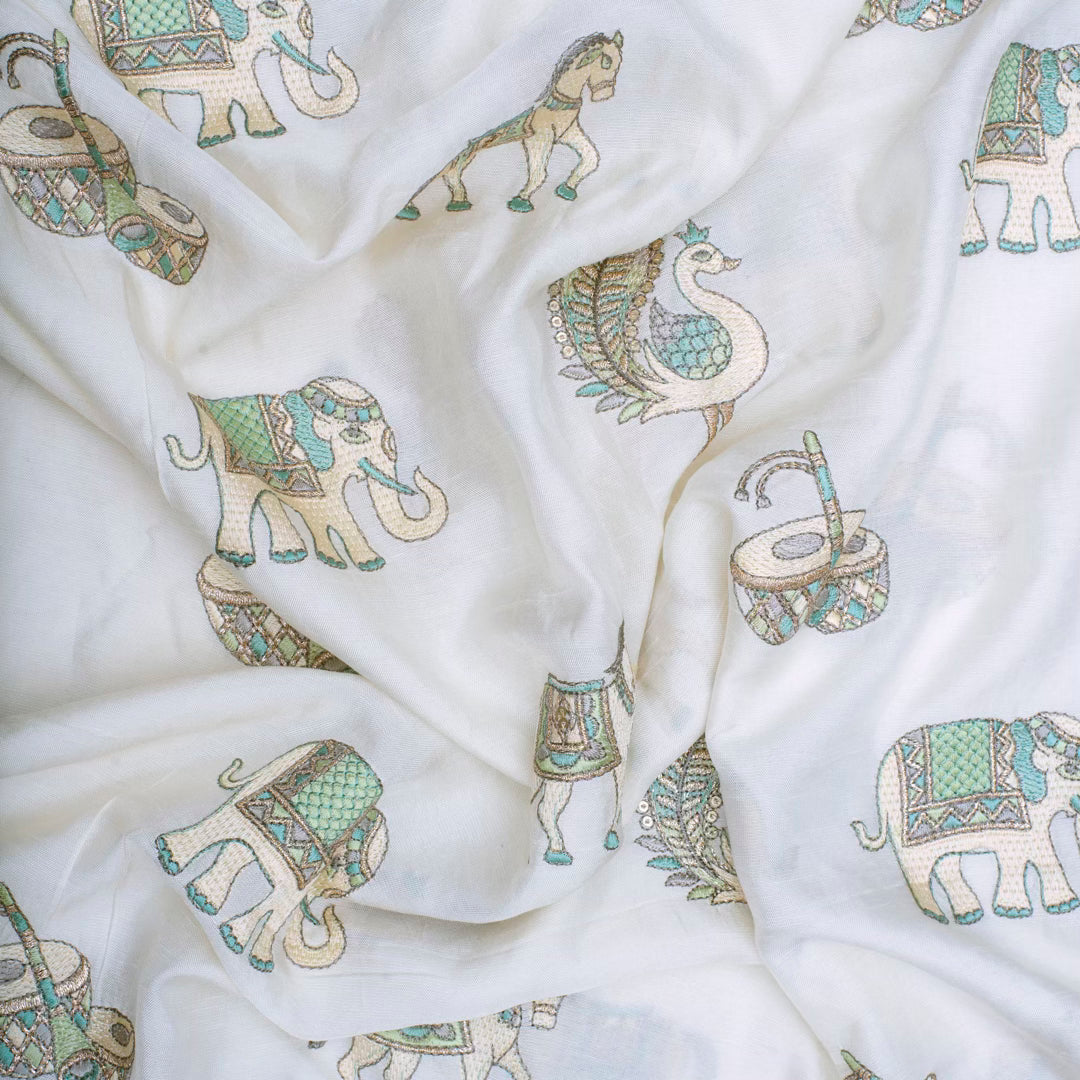 Light cream pure silk embroidered rajasthani motifs fabric (RT-1372)