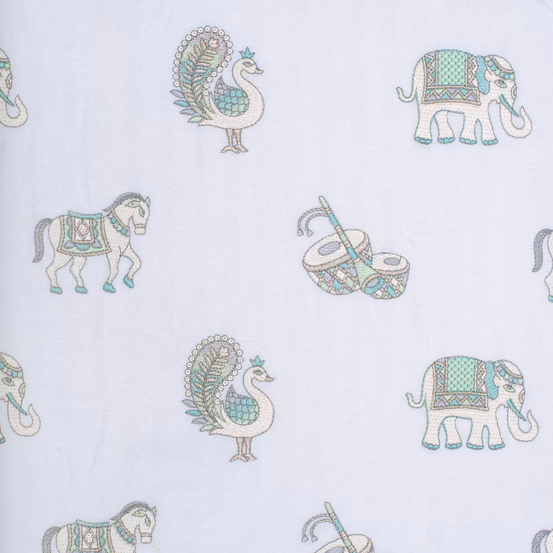 Light cream pure silk embroidered rajasthani motifs fabric (RT-1372)