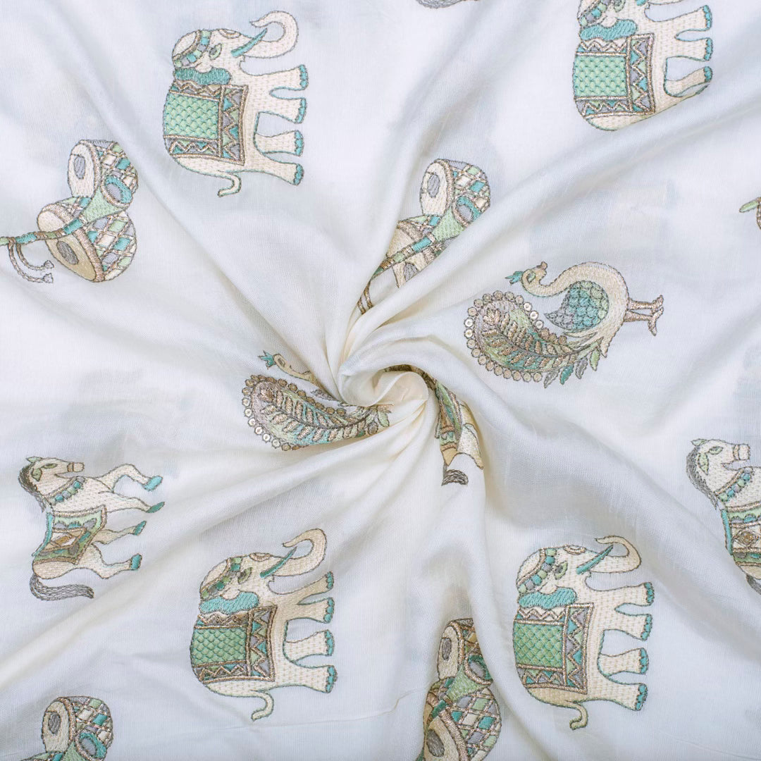 Light cream pure silk embroidered rajasthani motifs fabric (RT-1372)