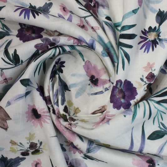 Multicoloured & white leafy print linen (RT-1159)