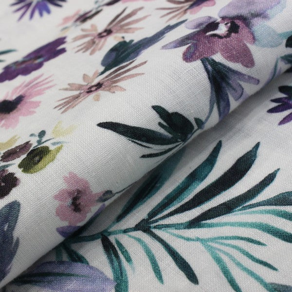 Multicoloured & white leafy print linen (RT-1159)