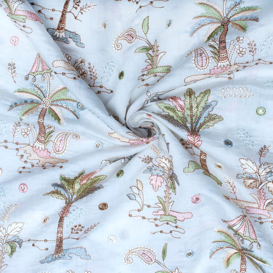 Multicoloured animal theme pure silk embroidered fabric (RT-1386)