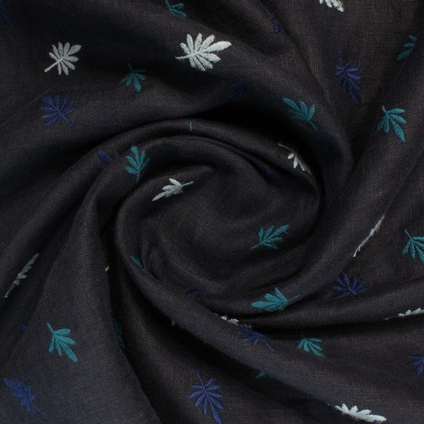 Navy blue embroidered flowery print linen (RT-1170)