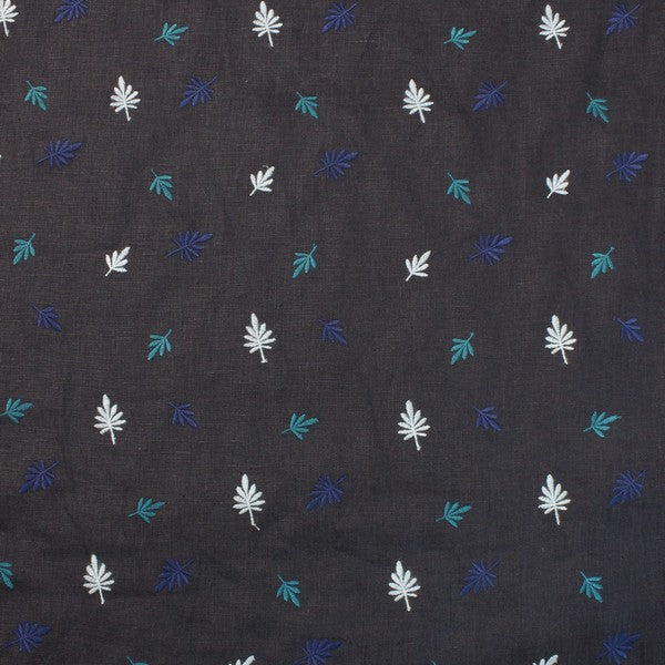 Navy blue embroidered flowery print linen (RT-1170)