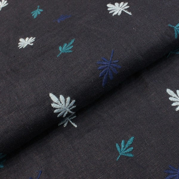 Navy blue embroidered flowery print linen (RT-1170)