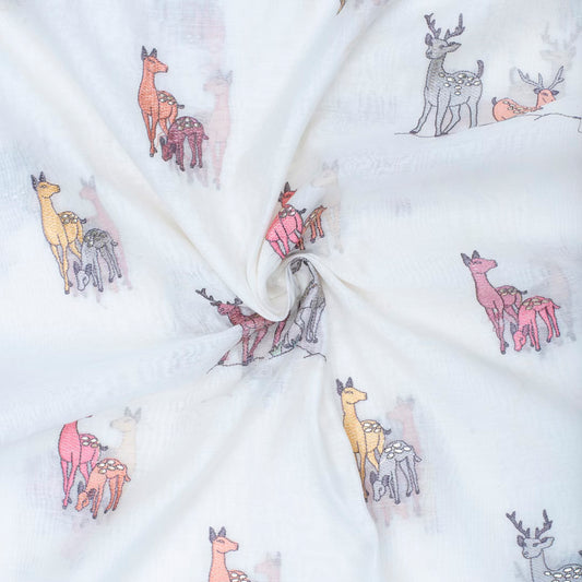 Off white pure chanderi embroidered deer motifs fabric (RT-1375)