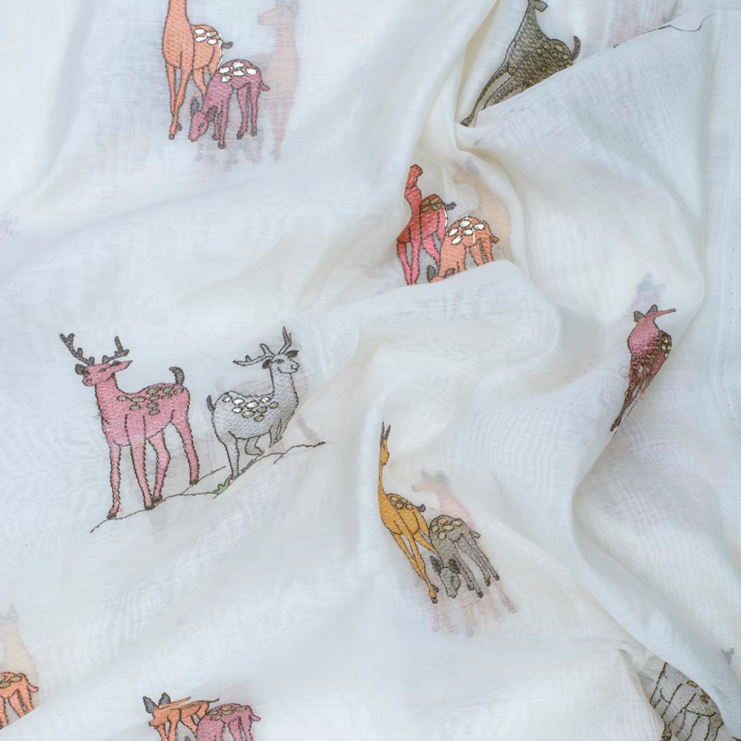 Off white pure chanderi embroidered deer motifs fabric (RT-1375)