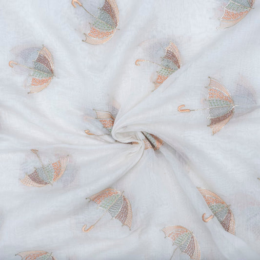Off white pure chanderi embroidered umbrella motifs fabric (RT-1374)