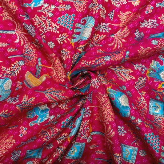 Pink rajasthani elephant print pure silk fabric (RT-1383)